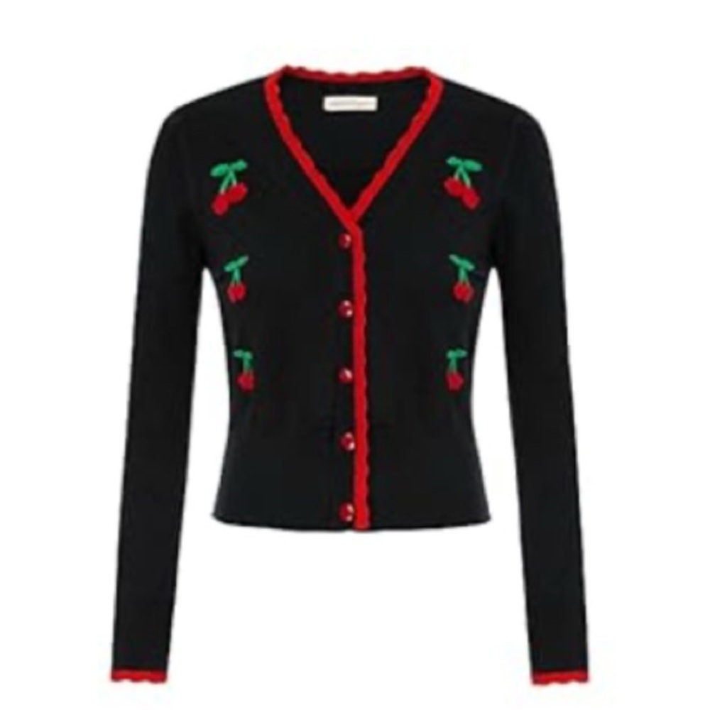 Black and Red Embroidered Cardigan Sweater